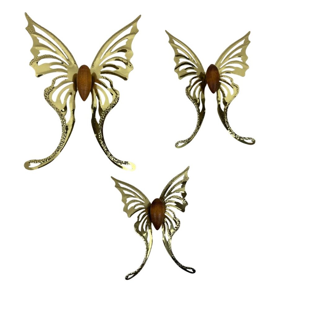Set Of 3 Vintage Brass & Wood Butterfly Wall Art Decor